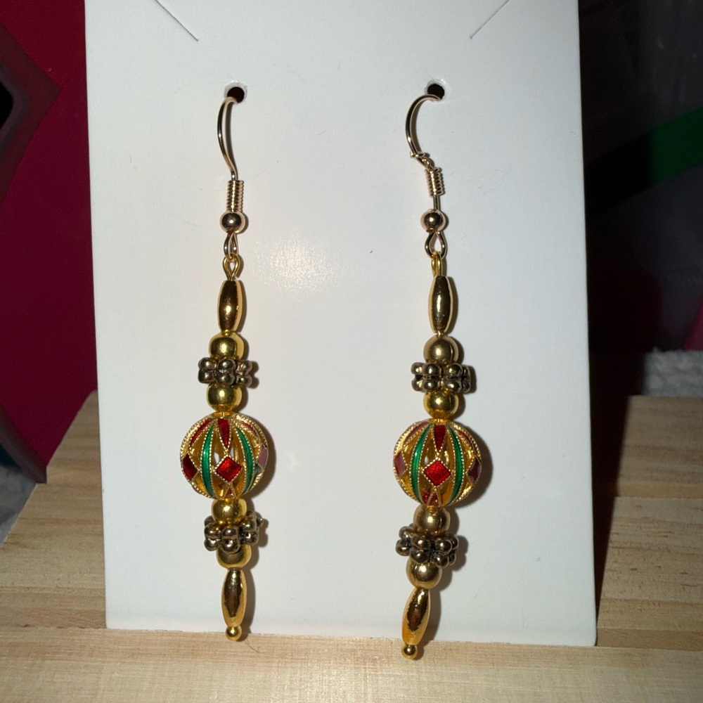Elegant Gold tone and Red and Green Beaded Earrings